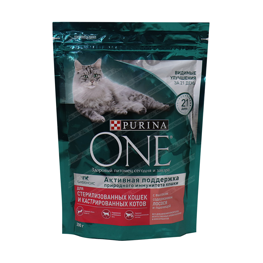 Корм для стерилизованных кошек/кастрированный котов Purina ONE Лосось/ Пшеница 200 г — купить с доставкой на дом в интернет-магазине Солнечный